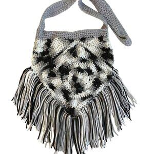 Hippie Purse Crochet Fringed Retro Boho Black White Gray Handmade New 10" x 11"